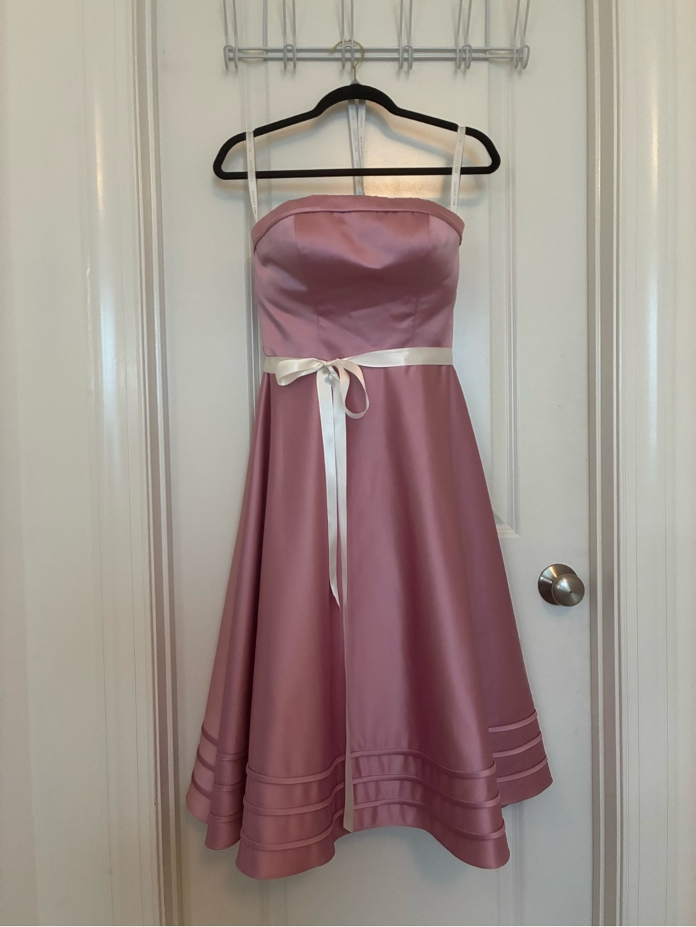 Rare Vintage 1950s Strapless Satin Party Dress Boned Bodice Petticoat Tea Length